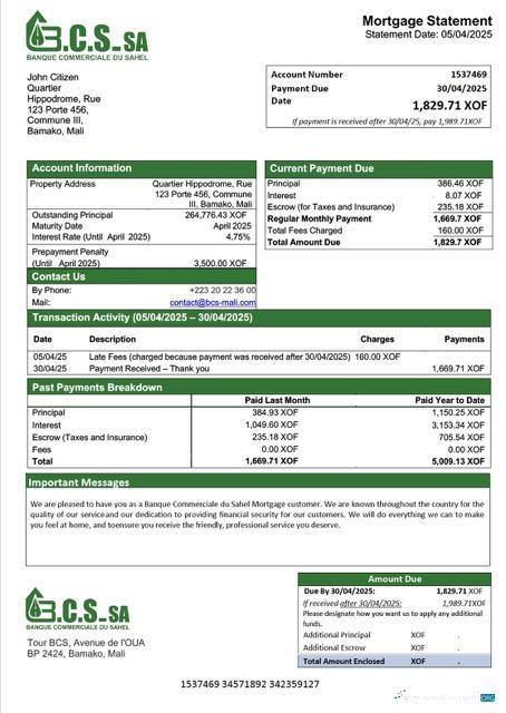 Download Mali Banque Commerciale du Sahel (BCS) mortgage statement Word and PDF template Photoshop template